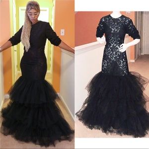 Black Chiffon Sheer Lace Tulle Train Gown